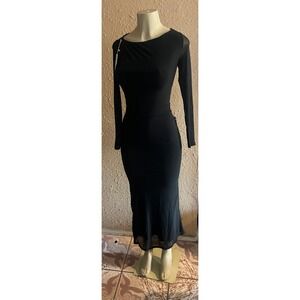 New Black Sheer Mesh Long Sleeve Bodycon Midi Dress Boat Neck Formal Evening